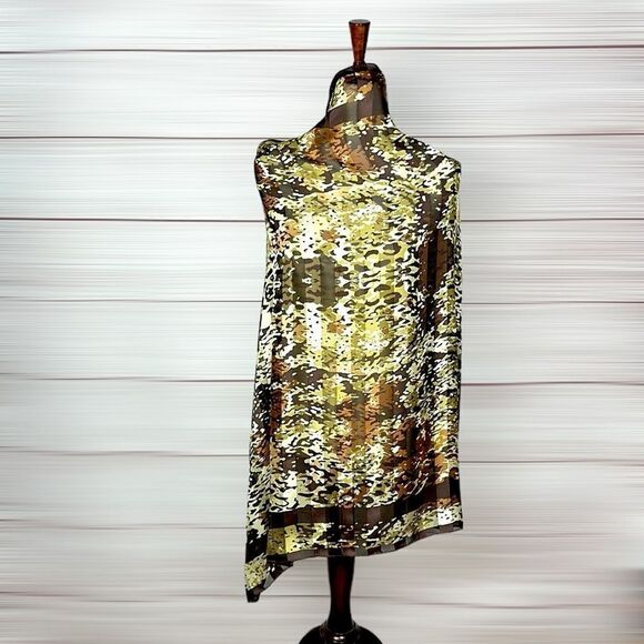 Adrienne Vittadini Silk Scarf Brown Green Ivory Satin Chiffon Square 34×34" - Picture 3 of 10